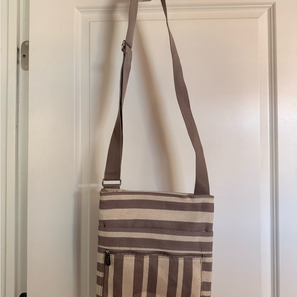 Thirty-One Tan and Brown Striped Messenger Bag